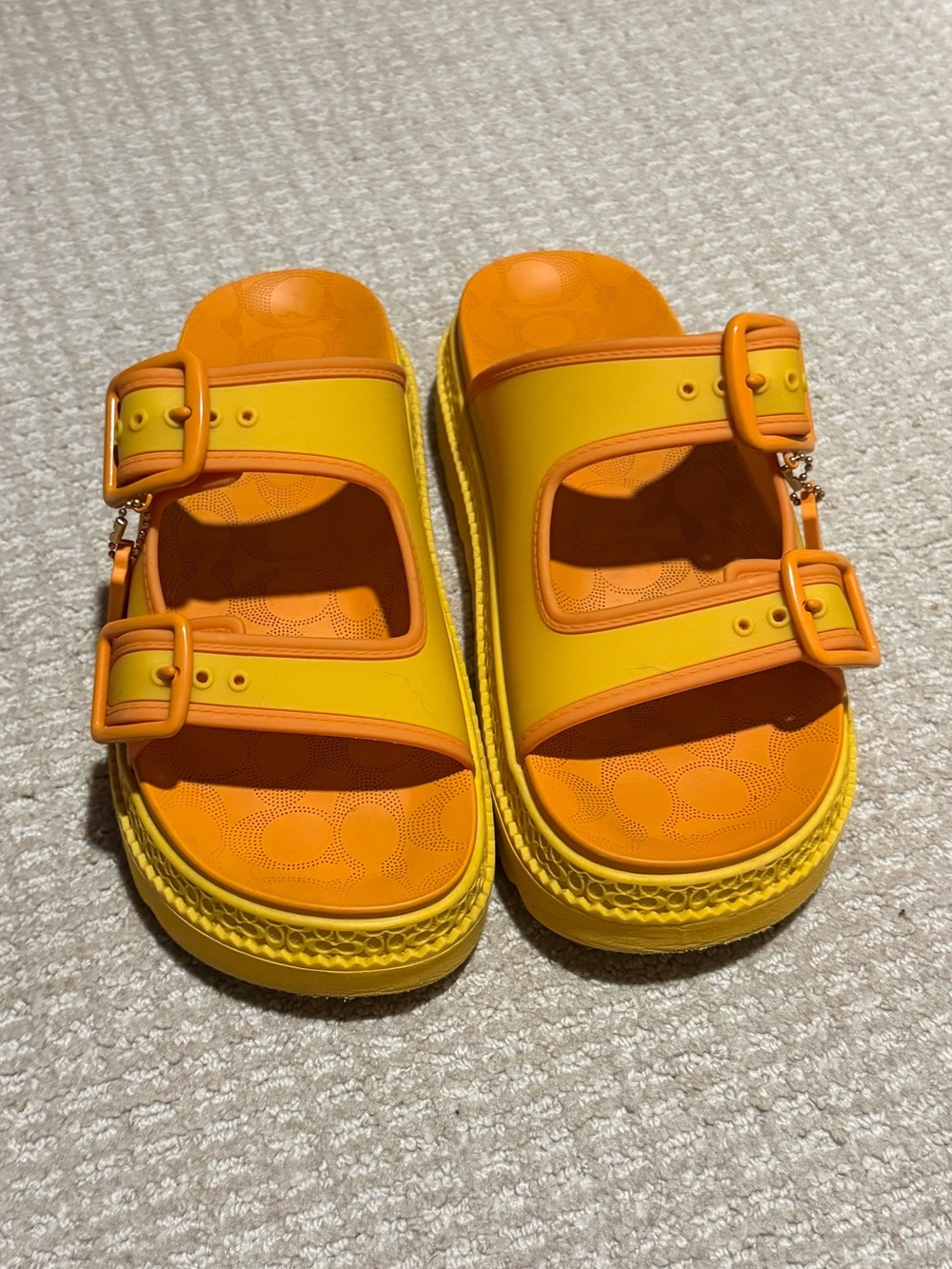 Coach Orange & Yellow Double-Buckle Slide Sandals